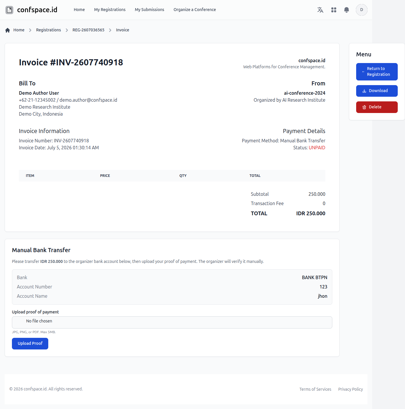 Manual Bank Transfer Invoice