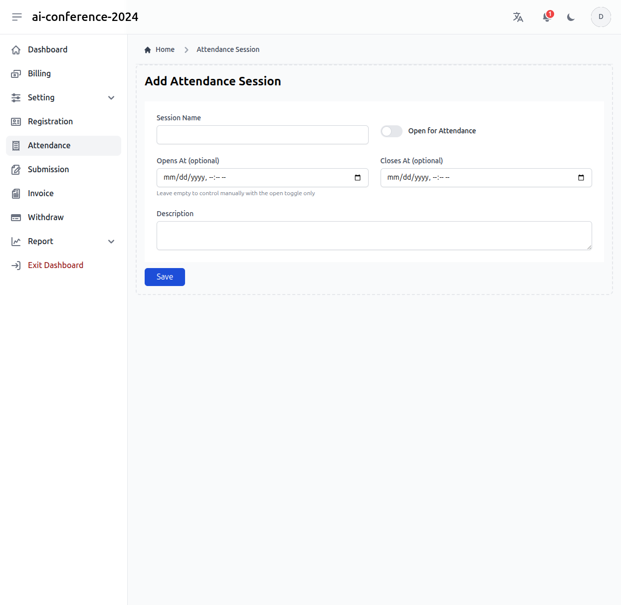 Add Attendance Session form